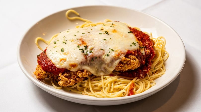 Chicken parmesan with melted mozzarella cheese and red sauce, served over spaghetti in a white bowl.