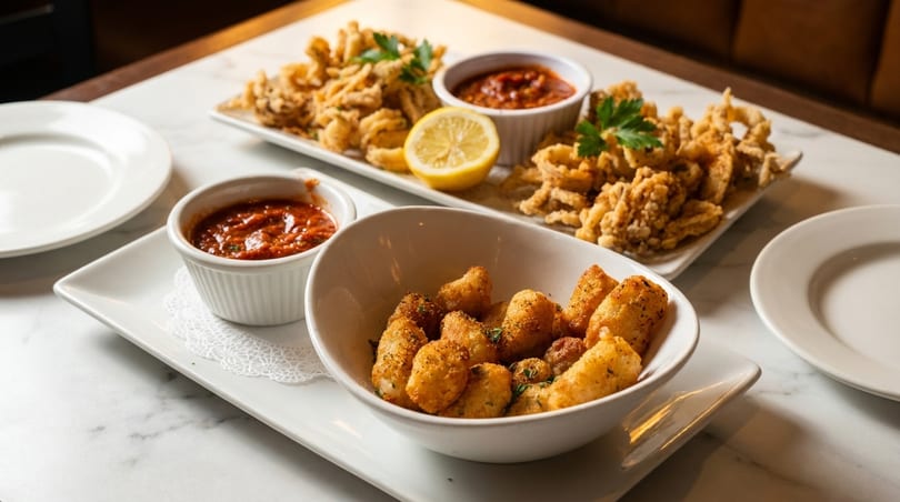 Fried calamari with lemon and marinara sauce, alongside fried mozzarella bites on a marble table.