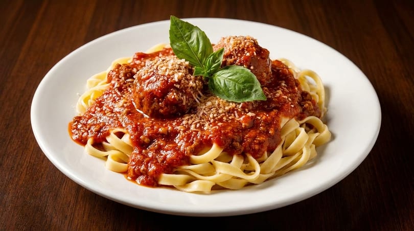Fettuccine pasta with meatballs, rich red marinara sauce, grated cheese, and fresh basil on a white plate.