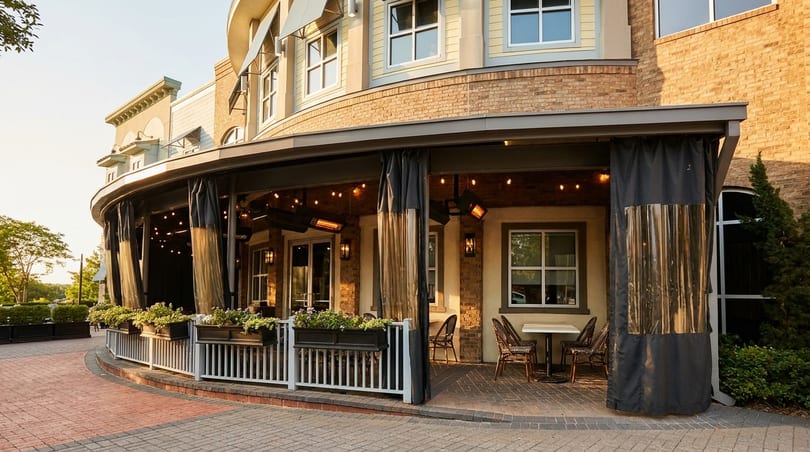 Outdoor patio of a restaurant with string lights, heaters, and tables with chairs.