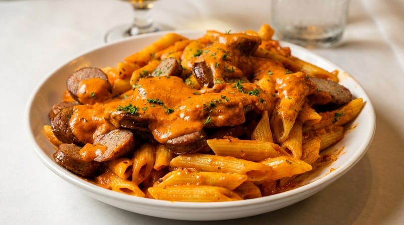 Penne pasta with sliced sausage in a creamy red sauce, garnished with parsley.