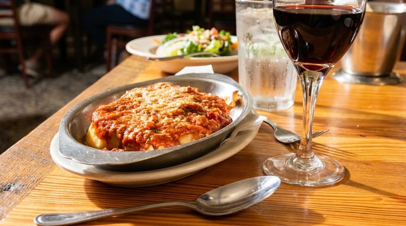 Baked pasta with red sauce and melted cheese, a glass of red wine, and a salad on a wooden table.